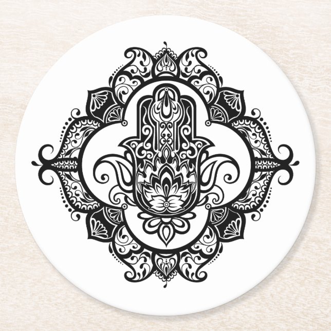 Hamsa With Ethnic Ornaments Doodle Round Paper Coaster (Front)