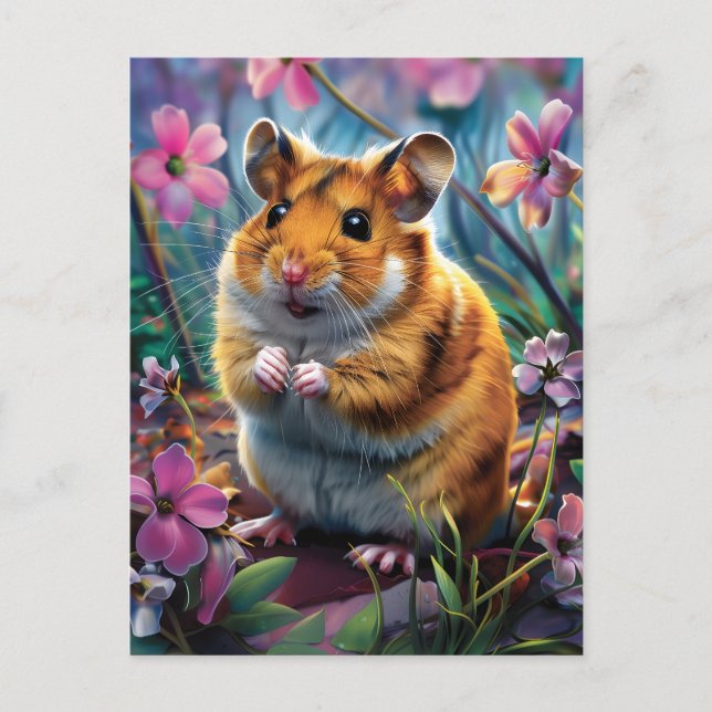 Hamster among Pink Flowers Postcard (Front)