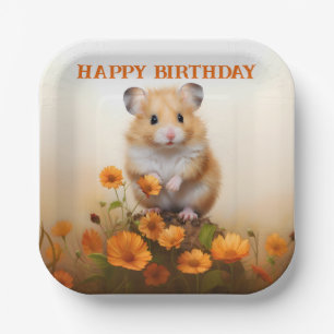 Hamster Amongst Orange Flowers Birthday Paper Plate