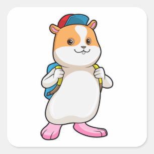 Hamster as Student with Backpack & Cap Square Sticker