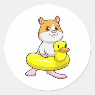 Hamster at Beach with Duck as Swim ring Classic Round Sticker