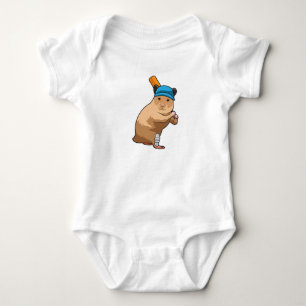 Hamster at Cricket with Cricket bat Baby Bodysuit