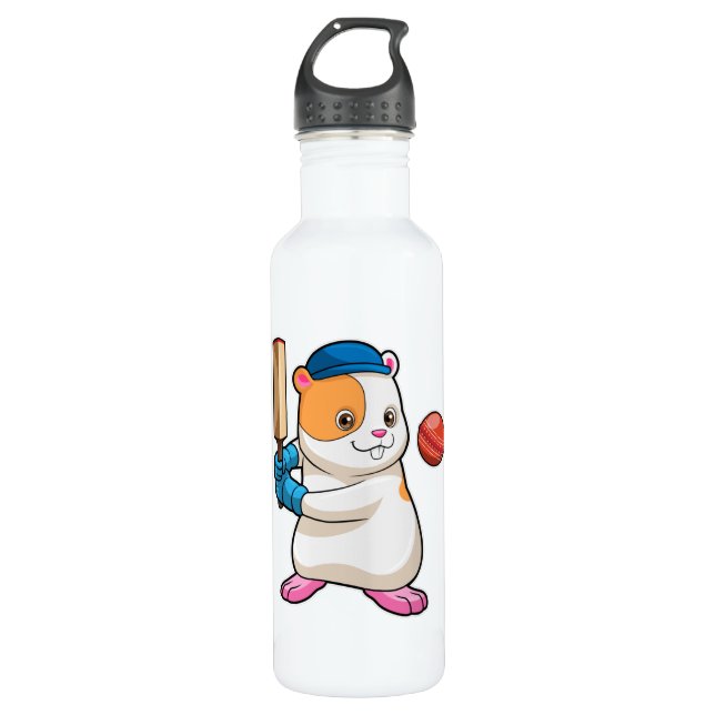 Hamster at Cricket with Cricket bat & Cap 710 Ml Water Bottle (Front)