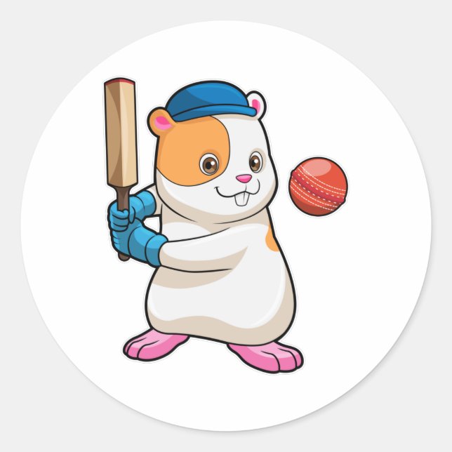 Hamster at Cricket with Cricket bat & Cap Classic Round Sticker (Front)