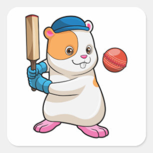 Hamster at Cricket with Cricket bat & Cap Square Sticker