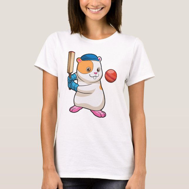 Hamster at Cricket with Cricket bat & Cap T-Shirt (Front)