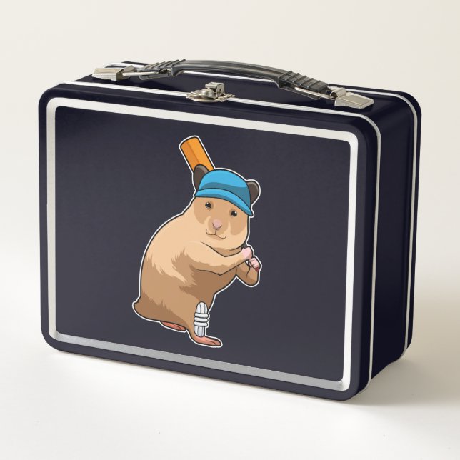 Hamster at Cricket with Cricket bat Metal Lunch Box (Front)