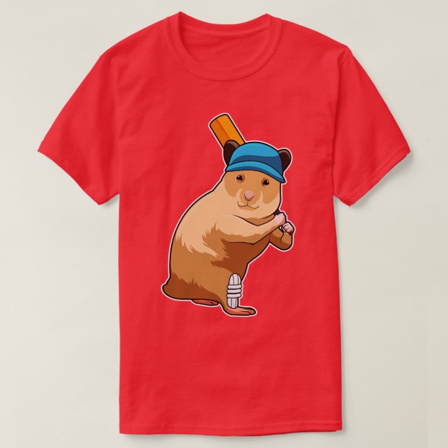 Hamster at Cricket with Cricket bat T-Shirt (Design Front)