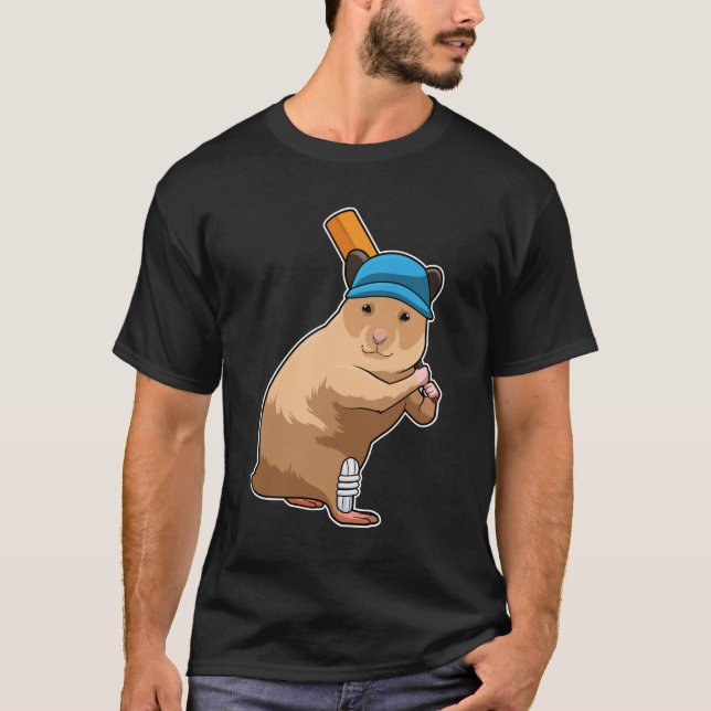 Hamster at Cricket with Cricket bat T-Shirt (Front)