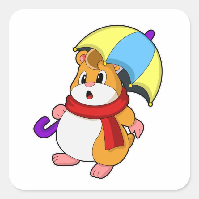 Hamster at Rain with Umbrella Square Sticker (Front)