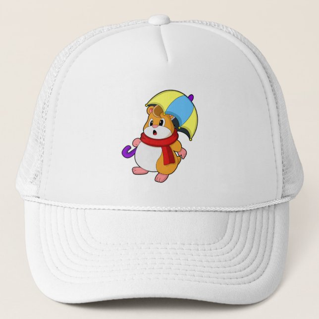 Hamster at Rain with Umbrella Trucker Hat (Front)