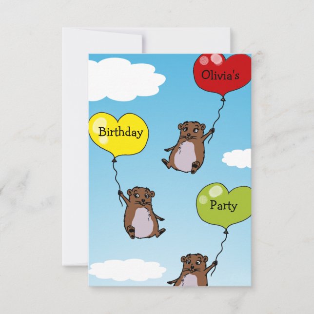 Hamster balloons, birthday party personalised invitation (Front)