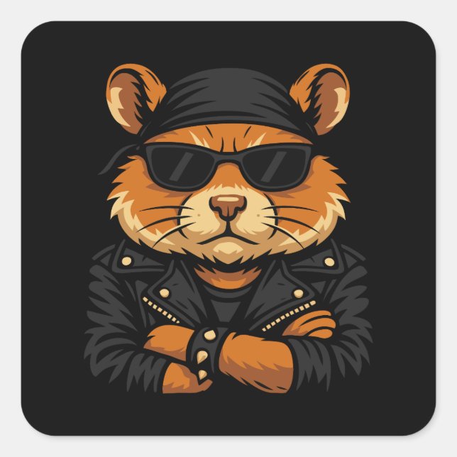 Hamster Biker Rider Leather Jacket Attitude Square Sticker (Front)