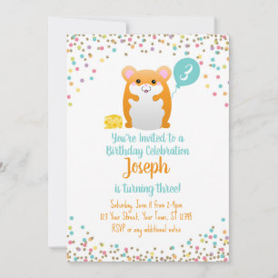 Hamster Birthday Party Invitation Blue Confetti
