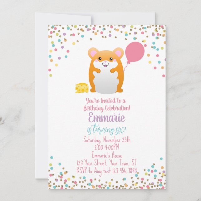 Hamster Birthday Party Invitation Confetti Glitter (Front)