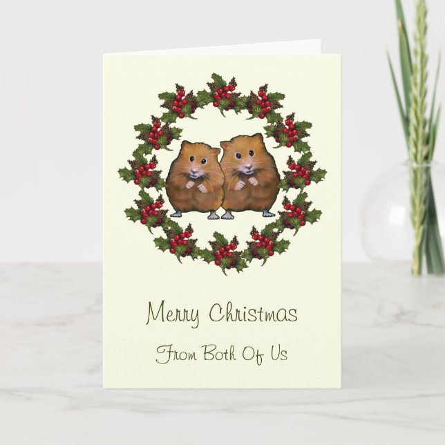Hamster Couple in Christmas Wreath: Art Holiday Card (Front)