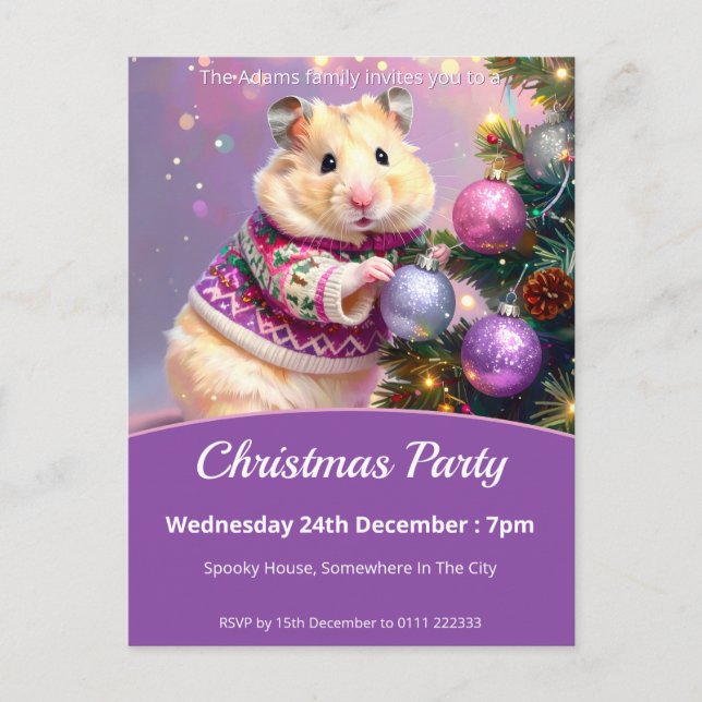 Hamster Decorating Tree Christmas Party Invitation Postcard (Front)