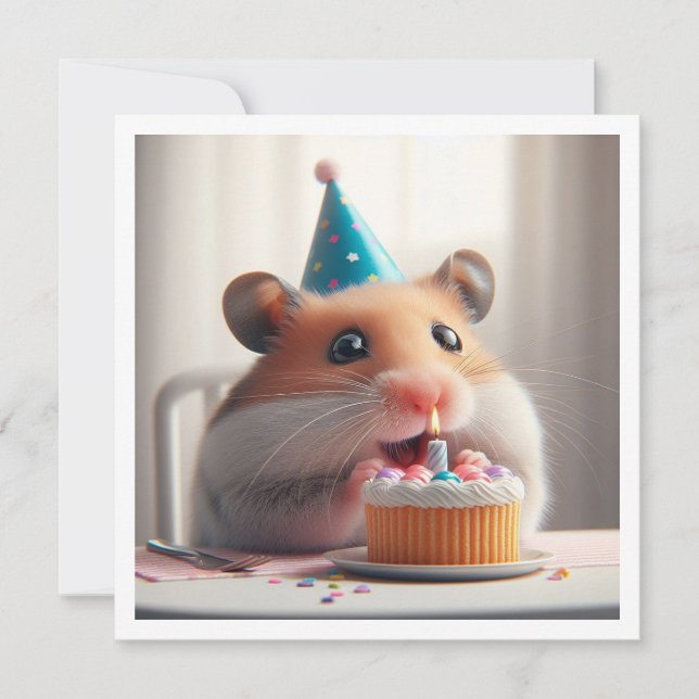 Hamster eating cake birthday invitation (Front)