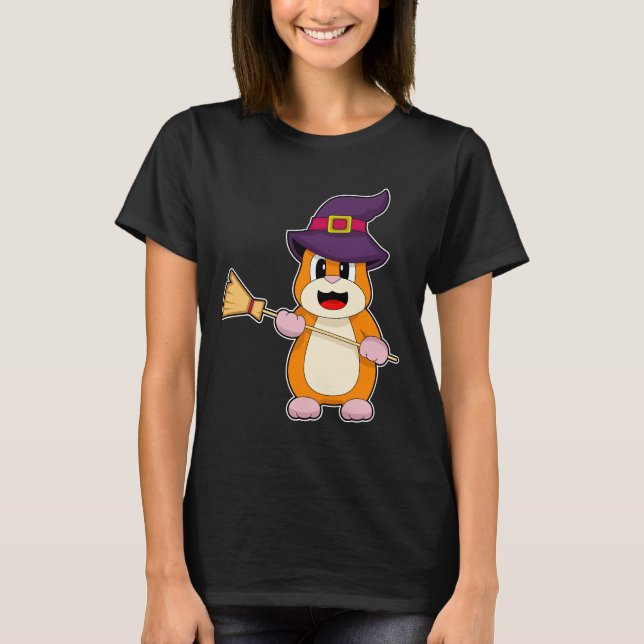 Hamster Halloween Witch Broom T-Shirt (Front)
