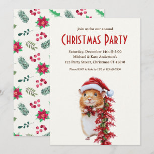 Hamster in a Santa Hat Poinsettias Christmas Party Invitation