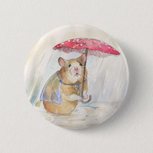 Hamster in the Rain- Funny Mushroom 6 Cm Round Badge