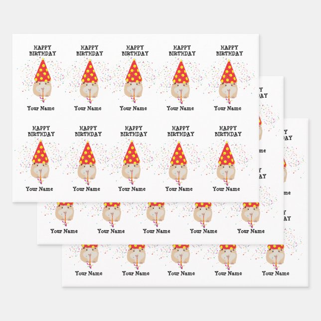 Hamster Partying - Animals at Birthday Party Name Wrapping Paper Sheet (Set)