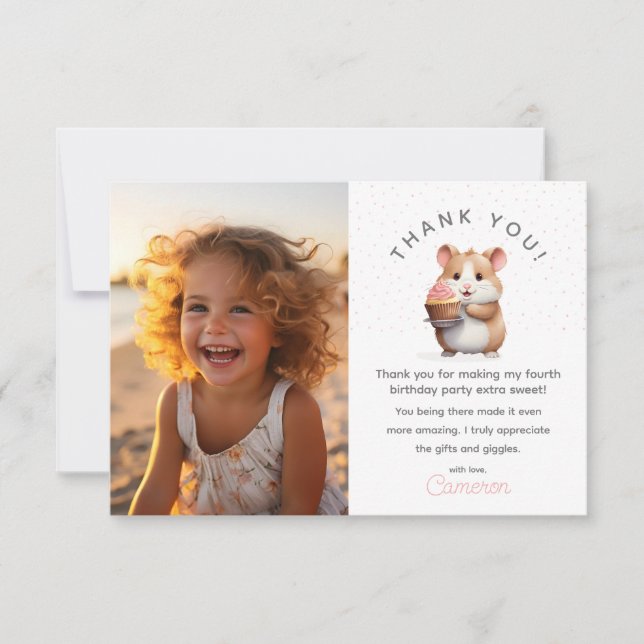 Hamster, Pink Cupcake Children's Birthday photo Thank You Card (Front)