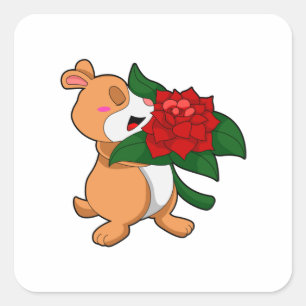 Hamster with Flower Rose Square Sticker