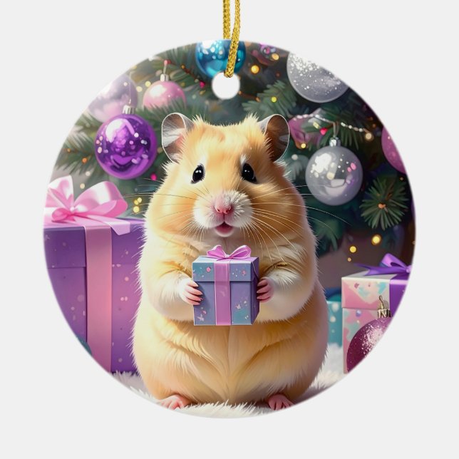 Hamster with Gift Christmas Ceramic Tree Decoration (Front)