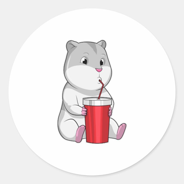 Hamster with Mug & Drinking straw Classic Round Sticker (Front)