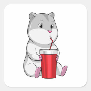 Hamster with Mug & Drinking straw Square Sticker