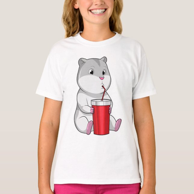 Hamster with Mug & Drinking straw T-Shirt (Front)