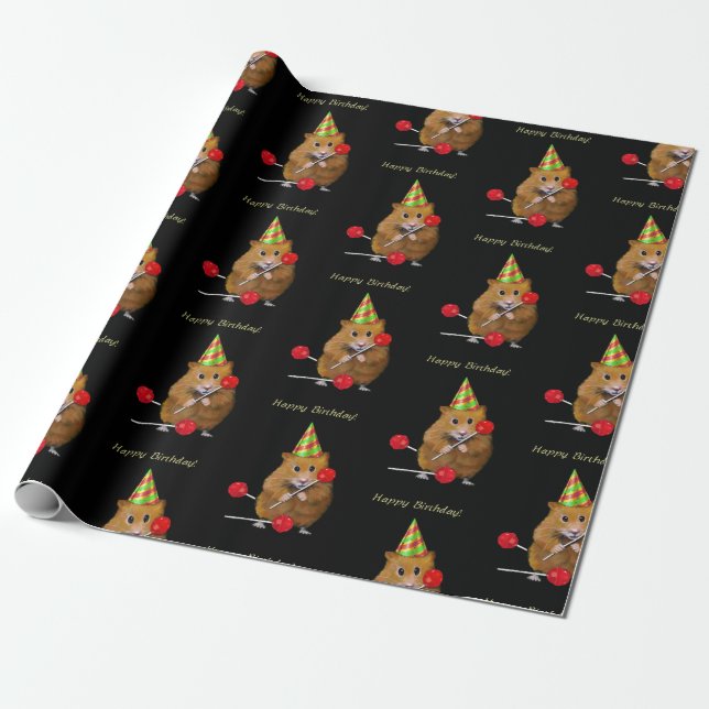 Hamster with Party Hat and Lollipops on Black Wrapping Paper (Unrolled)