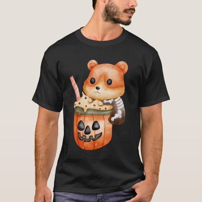 Hamster with Pumpkin Latte – Cute Cosy Halloween  T-Shirt (Front)