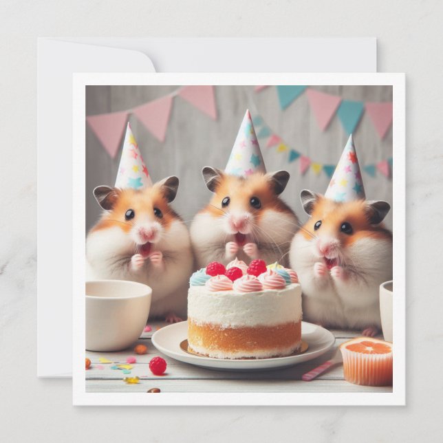 Hamsters eating cake birthday invitation (Front)