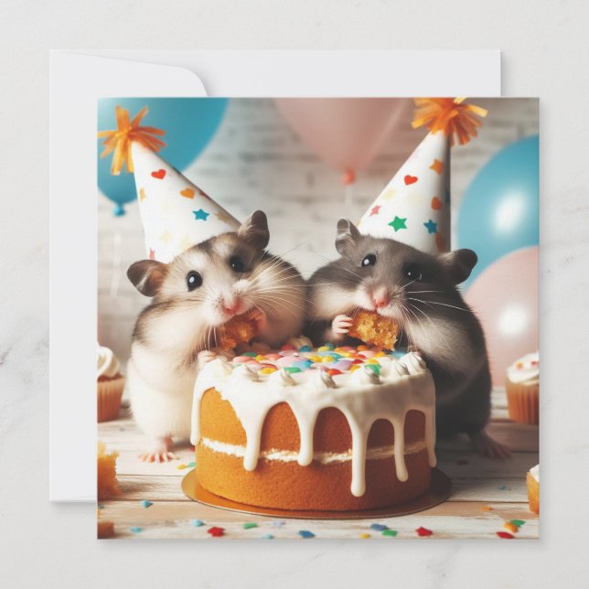 Hamsters eating cake birthday invitation (Front)