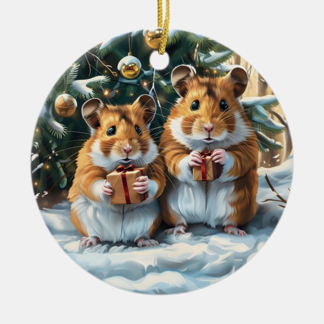 Hamsters With Gifts Christmas Ceramic Tree Decoration (Front)