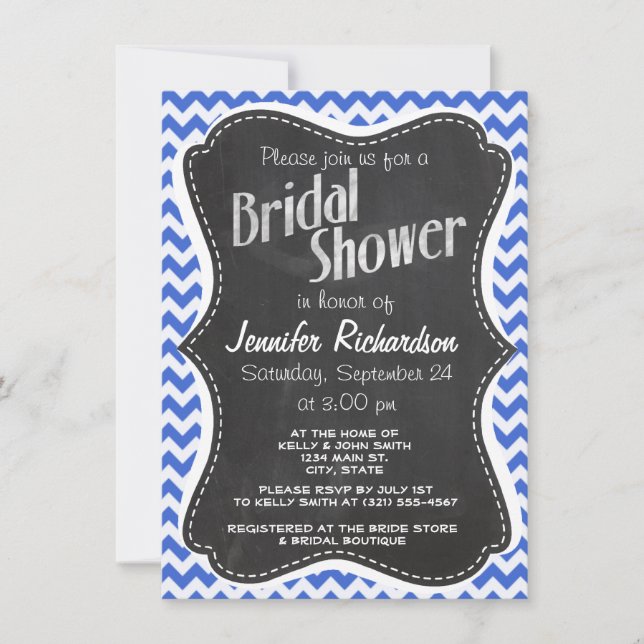 Han Blue Chevron Stripes; Chalkboard look Invitation (Front)