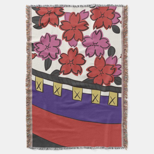 Hanafuda "Sakura-ni-maku" Throw Blanket (Front Vertical)