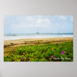Hanalei Bay • Kauai Hawaii • Beach & Boats Scene Poster