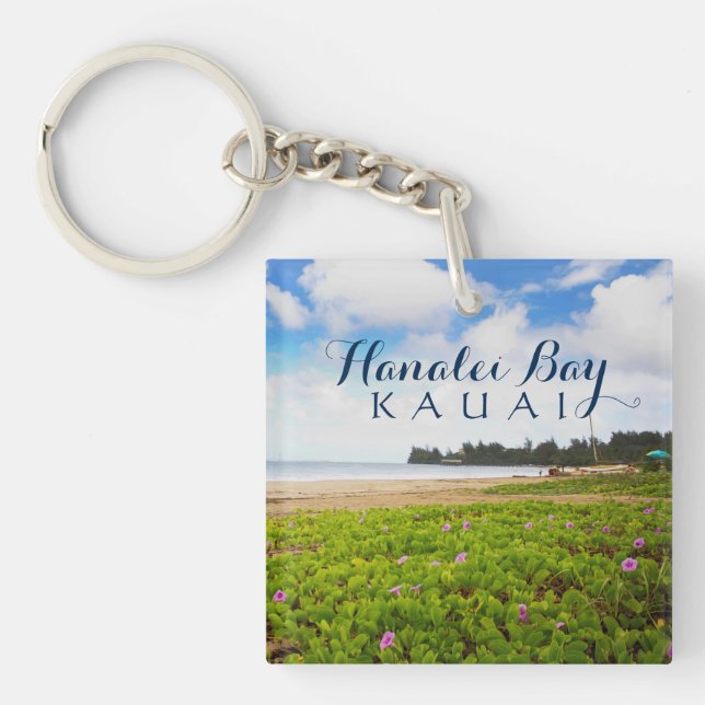 Hanalei Bay, Kauai Hawaii Beach Flowers Key Ring (Front)