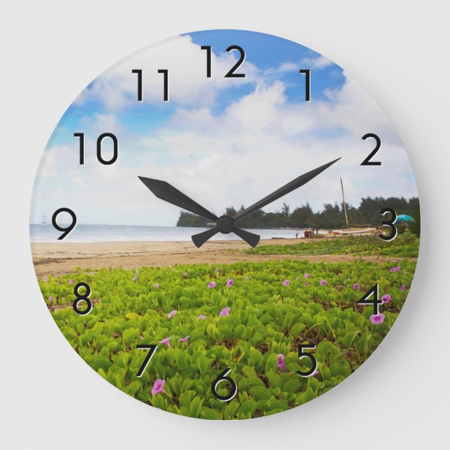 Hanalei Bay, Kauai Hawaii Beach Flowers Large Clock (Front)