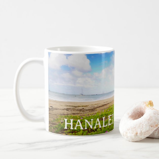 Hanalei Bay, Kauai Hawaii Morning Glory Flowers Coffee Mug (With Donut)