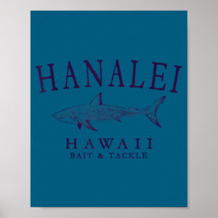 Hanalei hawaii shark vintage plum art fishing poster
