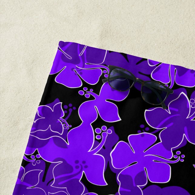 Hanalei Hawaiian Hibiscus Camo Floral - Purple Beach Towel (In Situ)
