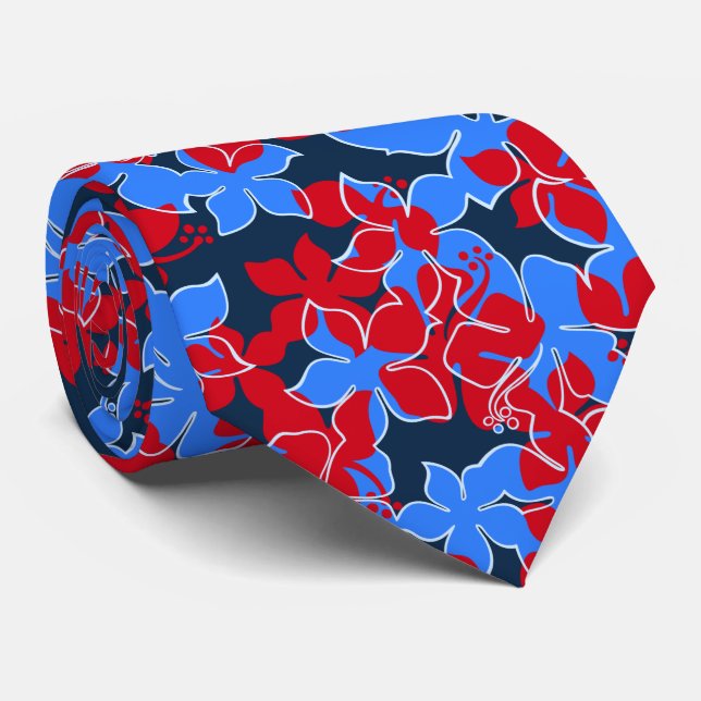 Hanalei Hawaiian Hibiscus Floral Two-sided Printed Tie (Rolled)