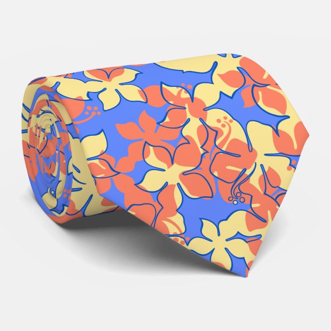 Hanalei Hawaiian Hibiscus Floral Two-sided Printed Tie (Rolled)