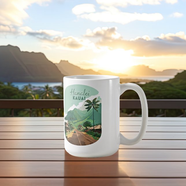 Hanalei Kauai Hawaii Bay Mountains Green Coffee Mug (Hanalei, Kauai, in Hawaii mug on a patio tabel in front of sunrise over Hawaiian mountains and ocean)