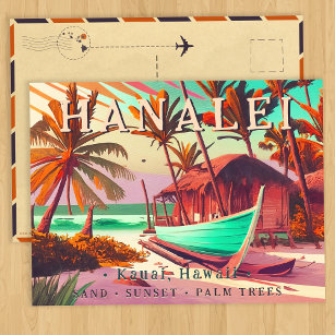 Hanalei Kauai Hawaii tropical sunset palm tree 60s Postcard