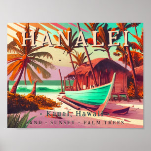 Hanalei Kauai Hawaii tropical sunset palm tree 60s Poster